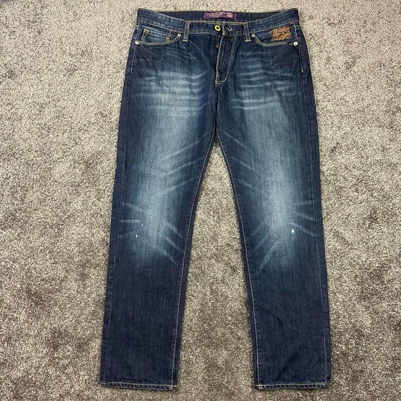 Christian Audigier Denim Jeans 36X34 Skull Back Logo Rhinestones Embroidery - Picture 4 of 16